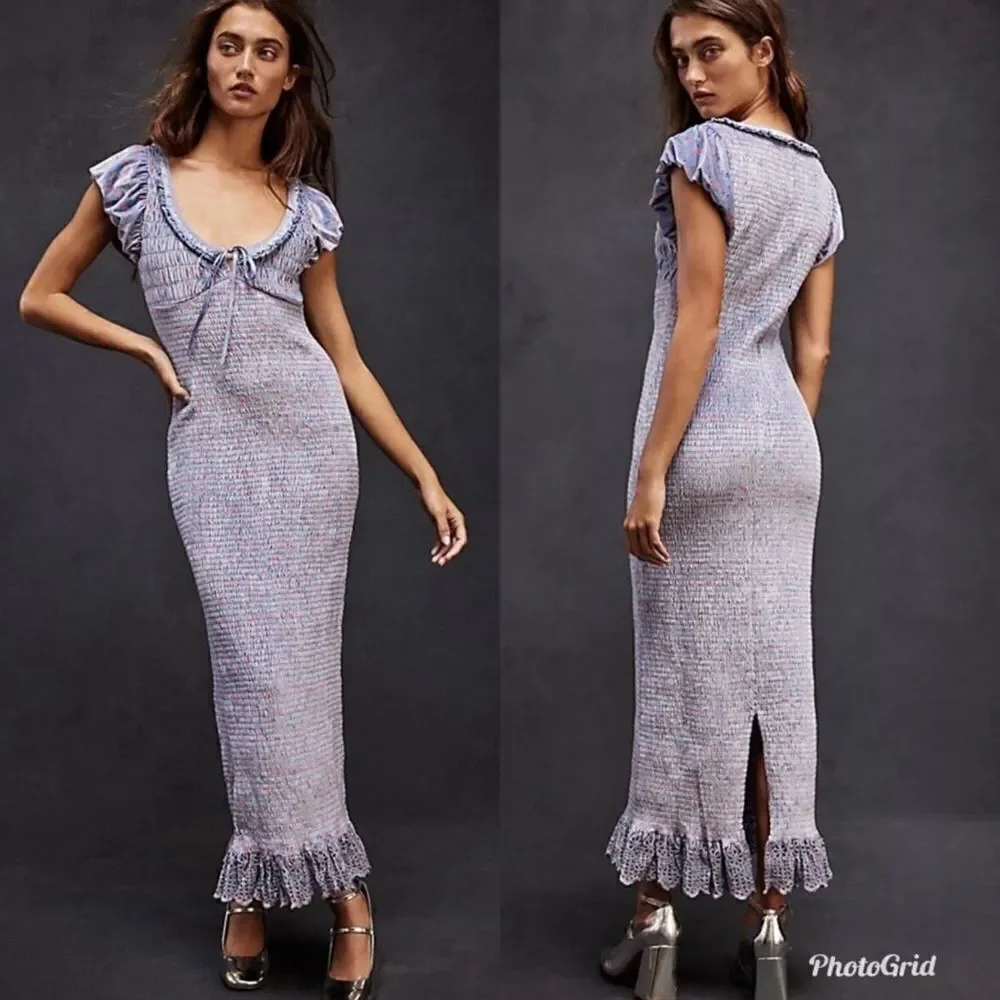Revolve Free People Mckenna Velvet Midi Dress Smocked Slim Fitted Blue Combo - Picture 1 of 10